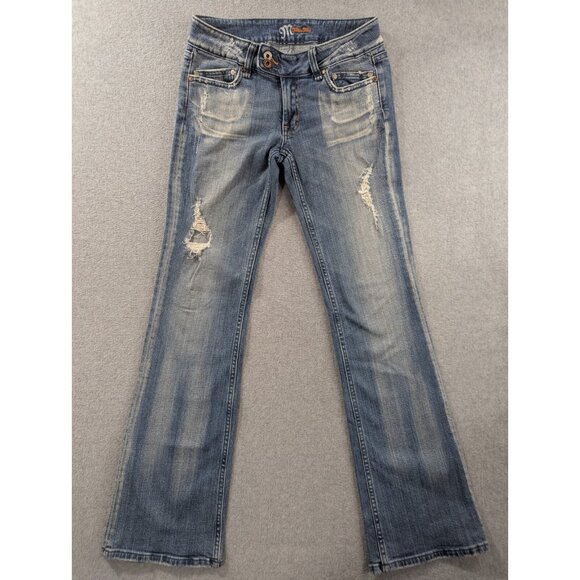 Miss Me Jeans Womens Size 29 Blu eDistressed Faded Whiskers Classic Flared Boho - Picture 1 of 16